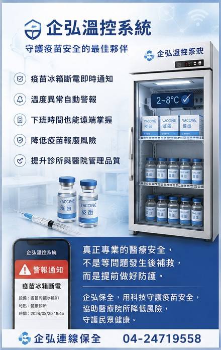 📢【診所必備】別讓停電成為疫苗的噩夢!企弘「溫控通報系統」守護您的醫療資產! 📢【診所必備】別讓停電成為疫苗的噩夢!企弘「溫控通報系統」守護您的醫療資產!